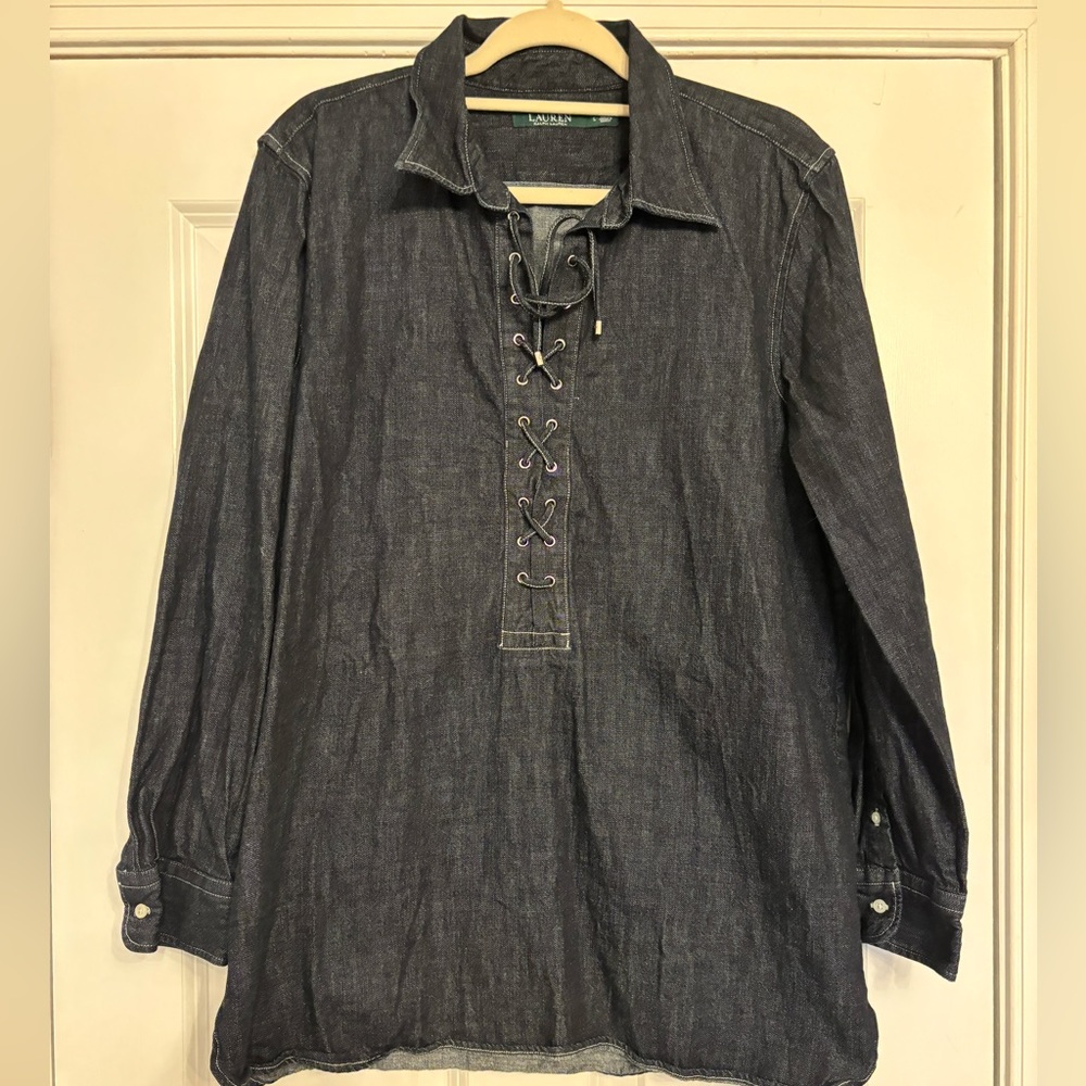 Lauren Ralph Lauren Dark Denim Lace-up Blouse with Silver Detail Size L